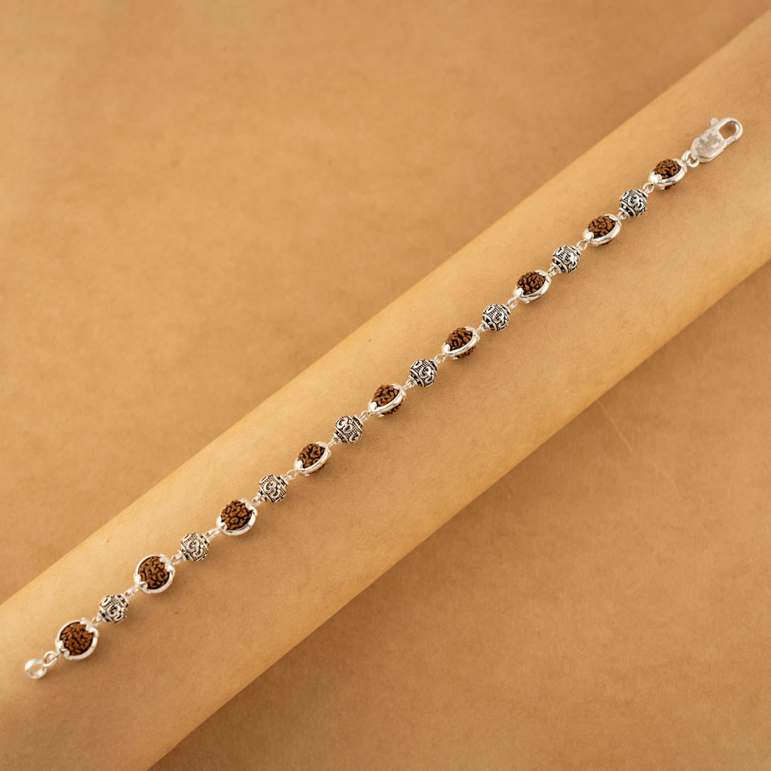 Authentic Rudraksha Silver Om Beads Capping Bracelet