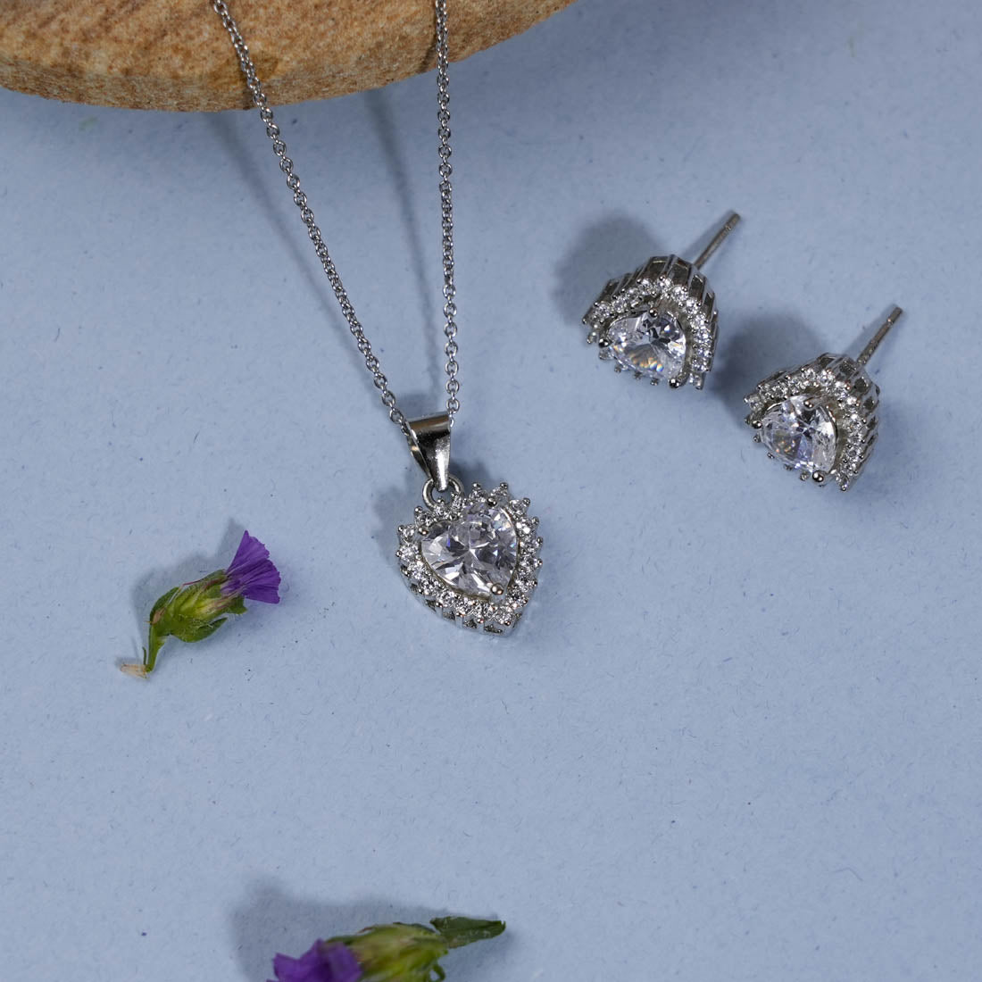 Silver Set Chain Pendant and Earrings with Sparkling Stones for Women