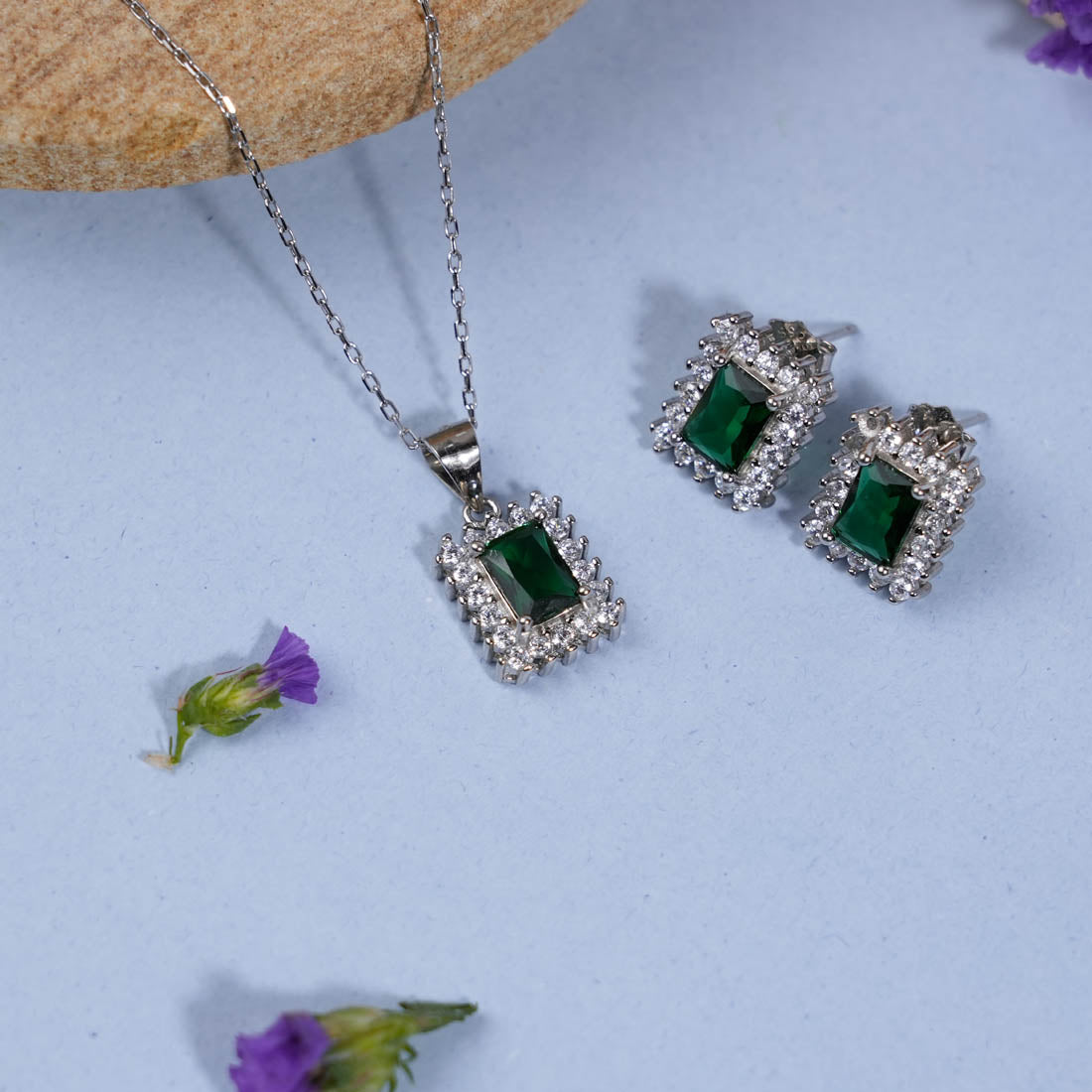 Silver Set Chain Rectangular Pendant with Earrings with Green Stones for Women