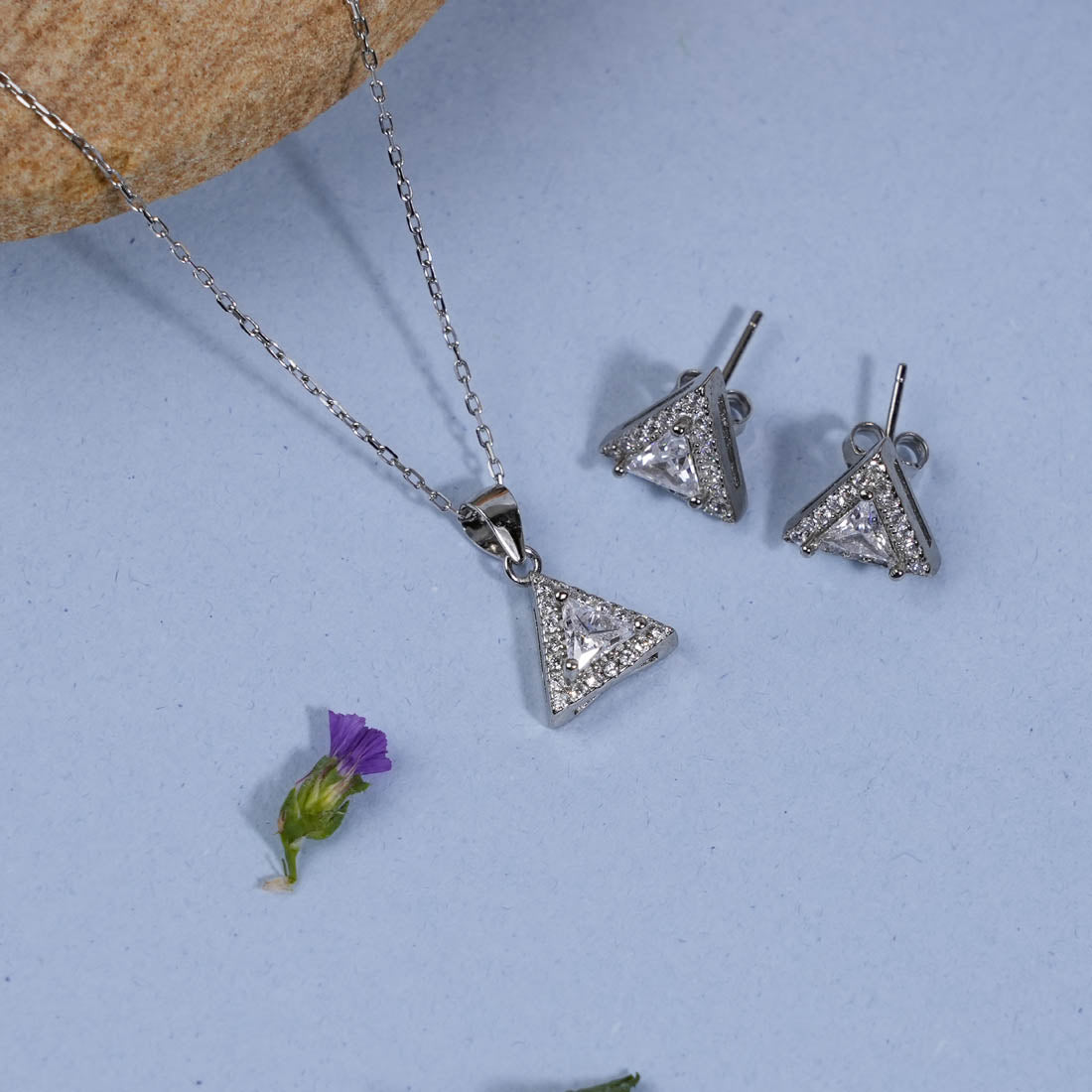 Silver Set Chain Triangular Pendant and Earrings with Stones for Women