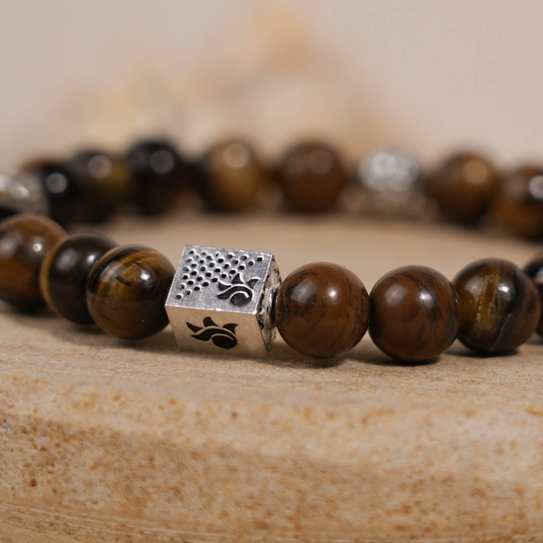 Tiger Eye Stone with Om Namah Shivay Silver Beads Bracelet