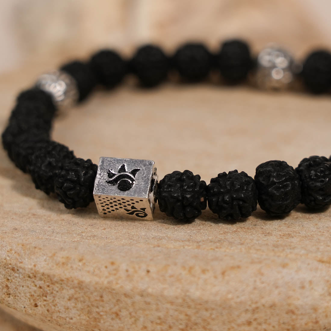 Black Rudraksha with Om Namah Shivay Silver Beads Bracelet