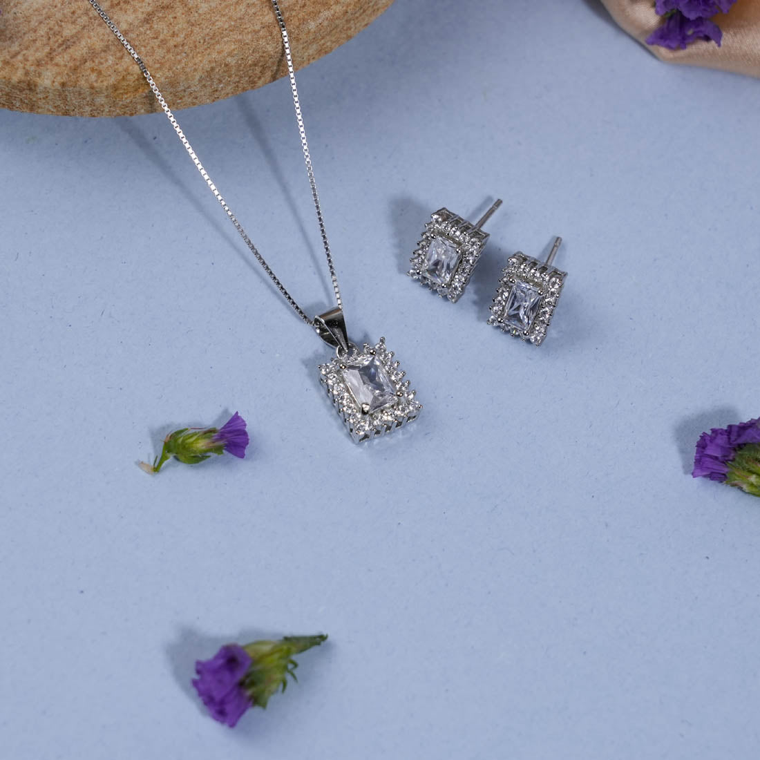 Silver Set Chain Rectangular Pendant with Earrings with Stones for Women