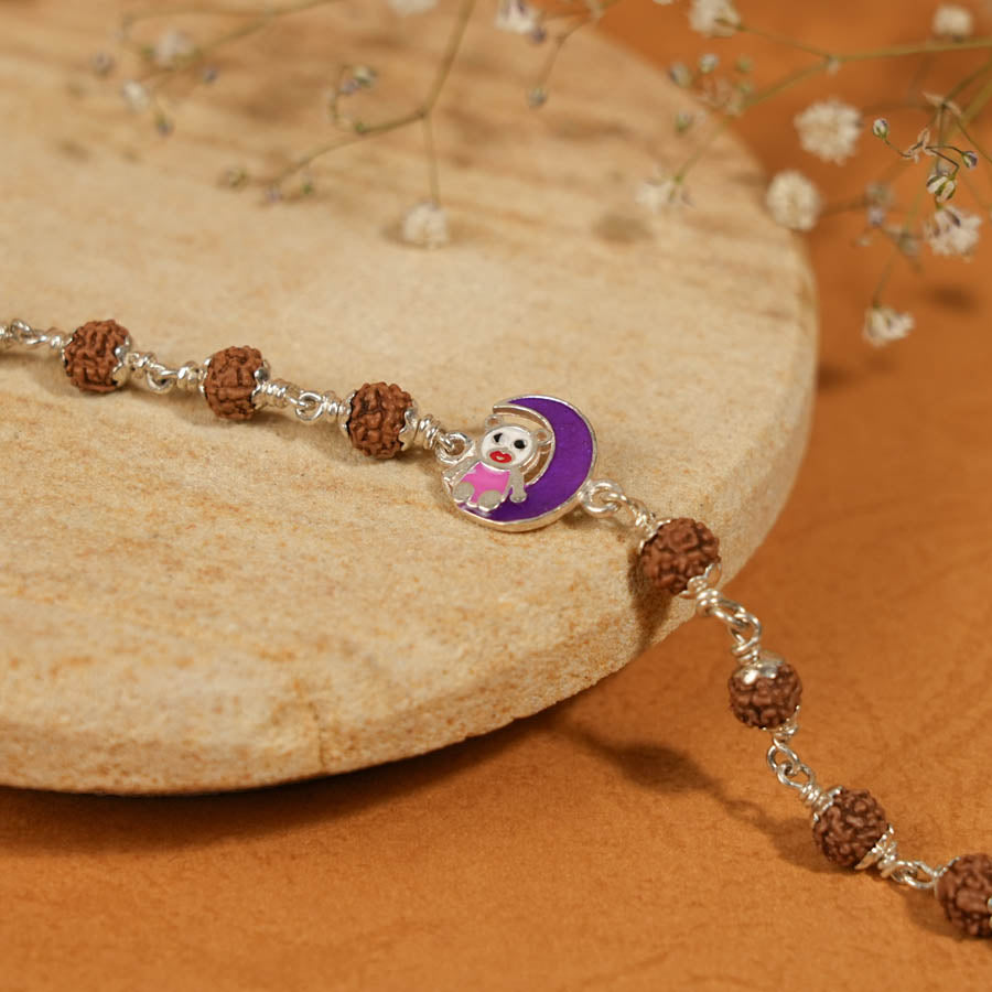 Rudraksha Silver Bracelet with Teddy and Moon Single Line for Kids