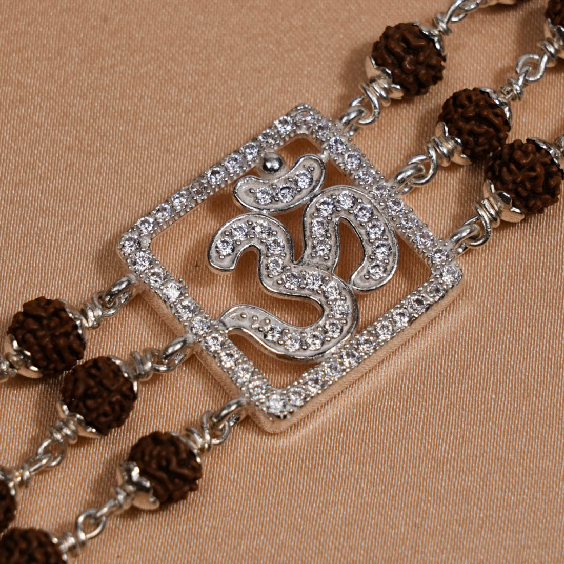 Rudraksha Silver Om Triple Line Bracelet