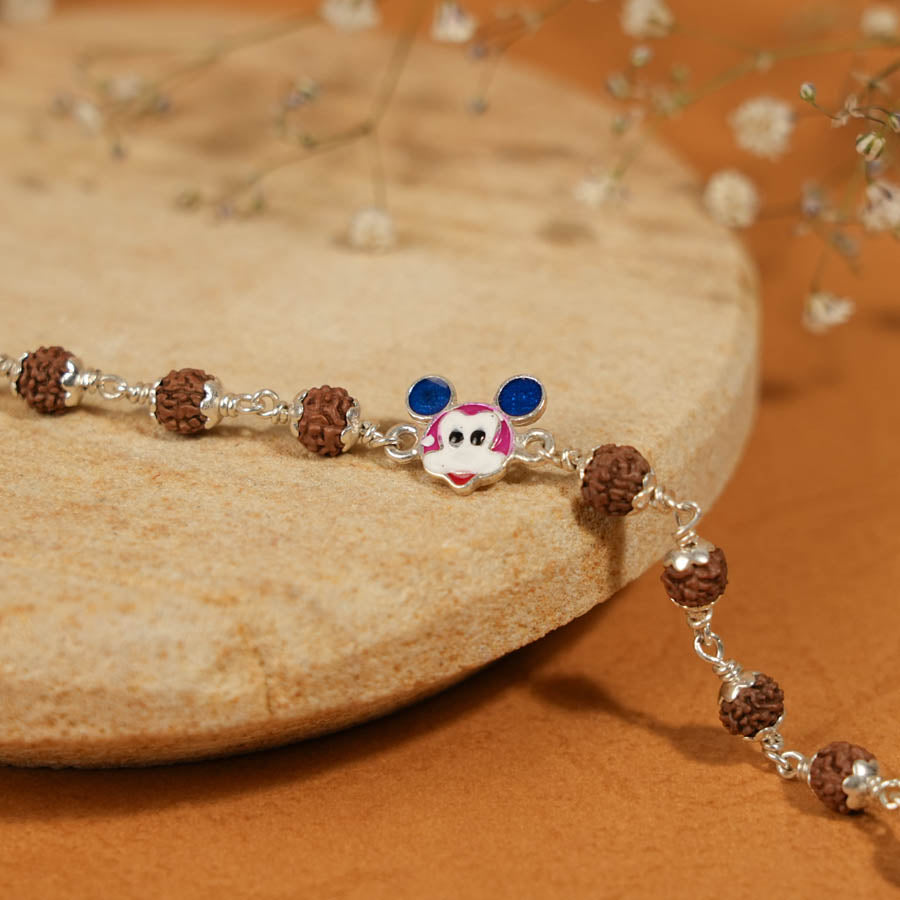 Rudraksha Silver Bracelet with Colorful Mickey Mouse Single Line for Kids