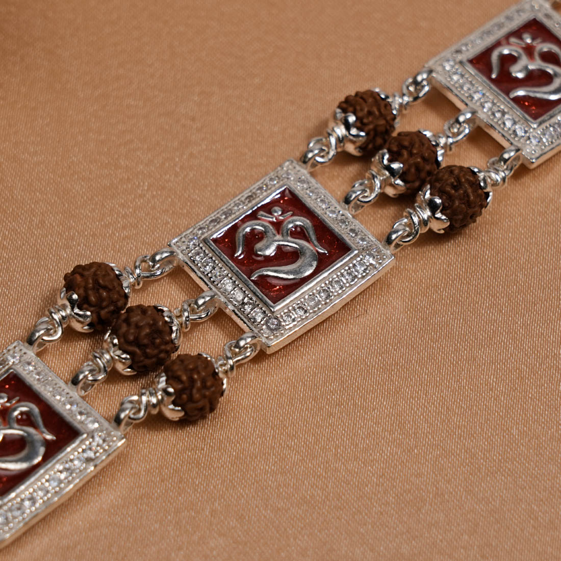 Rudraksha Silver Three Om in Red Brooch Bracelet