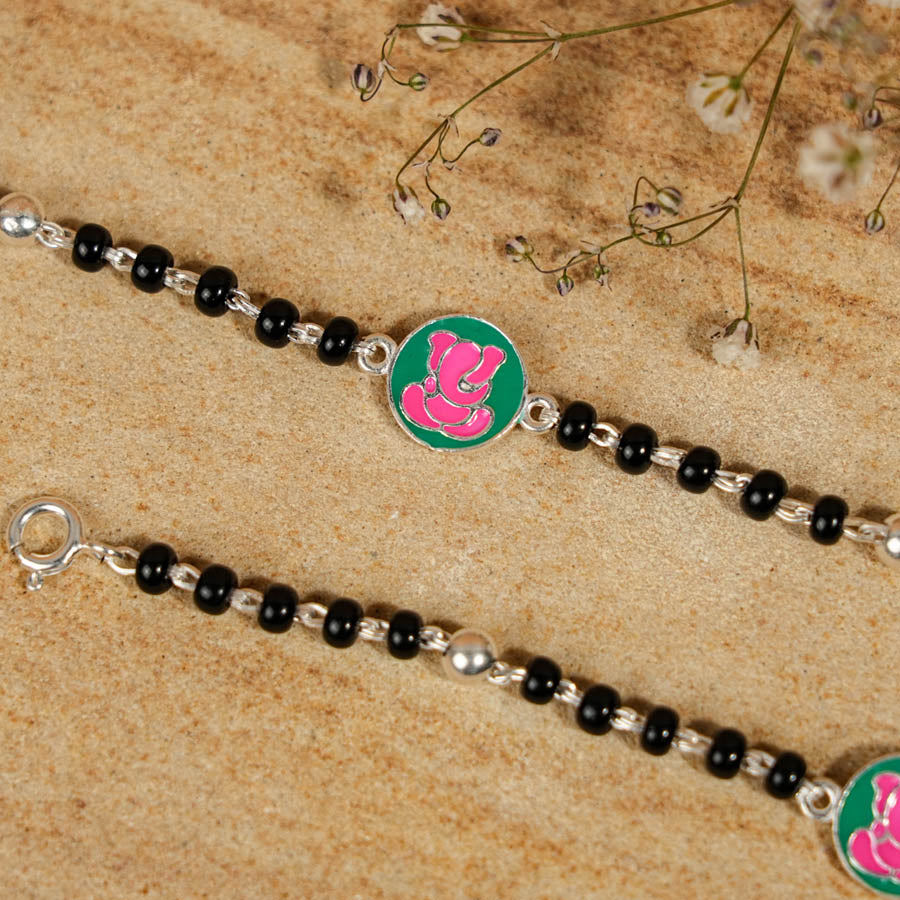 Black Beads Pink Ganesh Silver Nazariya for Kids