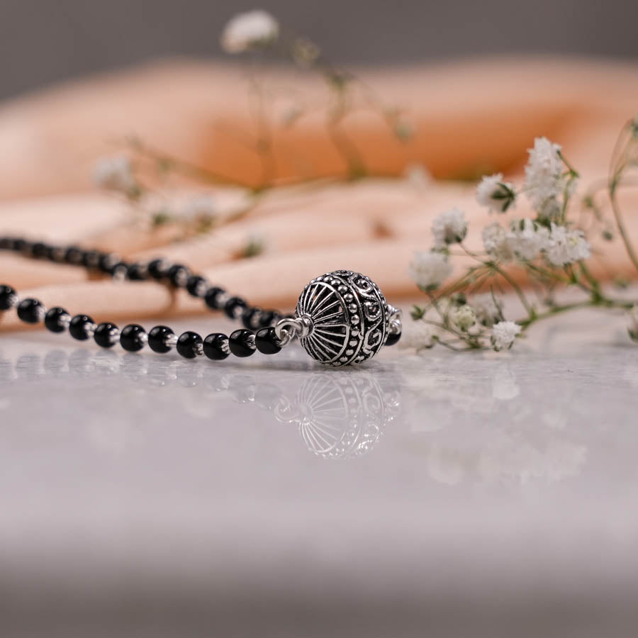 Real Black Beads Mangal Sutra with Beaded Silver Circular Pendant for Women