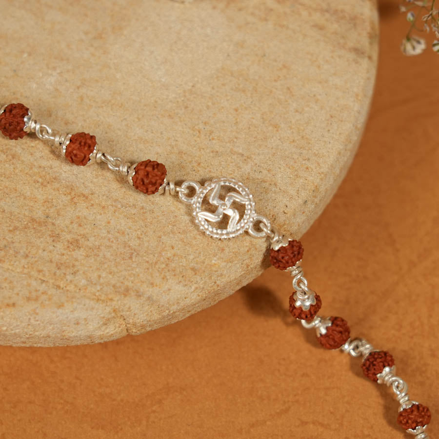 Rudraksha Silver Bracelet with Om Single Line for Kids