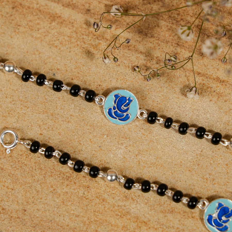 Black Beads Ganesh Silver Nazariya for Kids