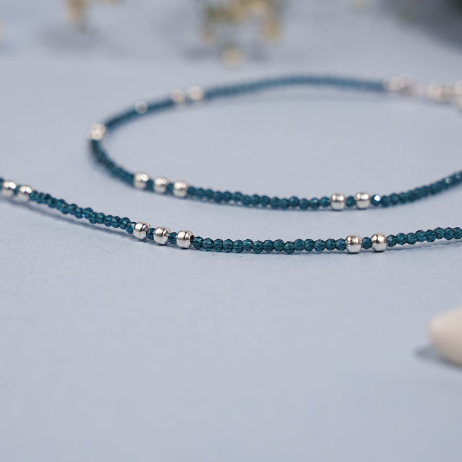 Blue Beads Silver Double Line Anklets for Women