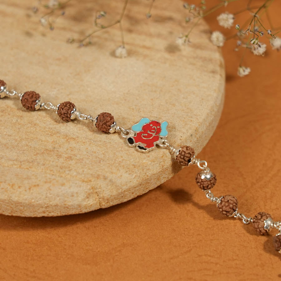 Rudraksha Silver Bracelet with Elephant Single Line for Kids