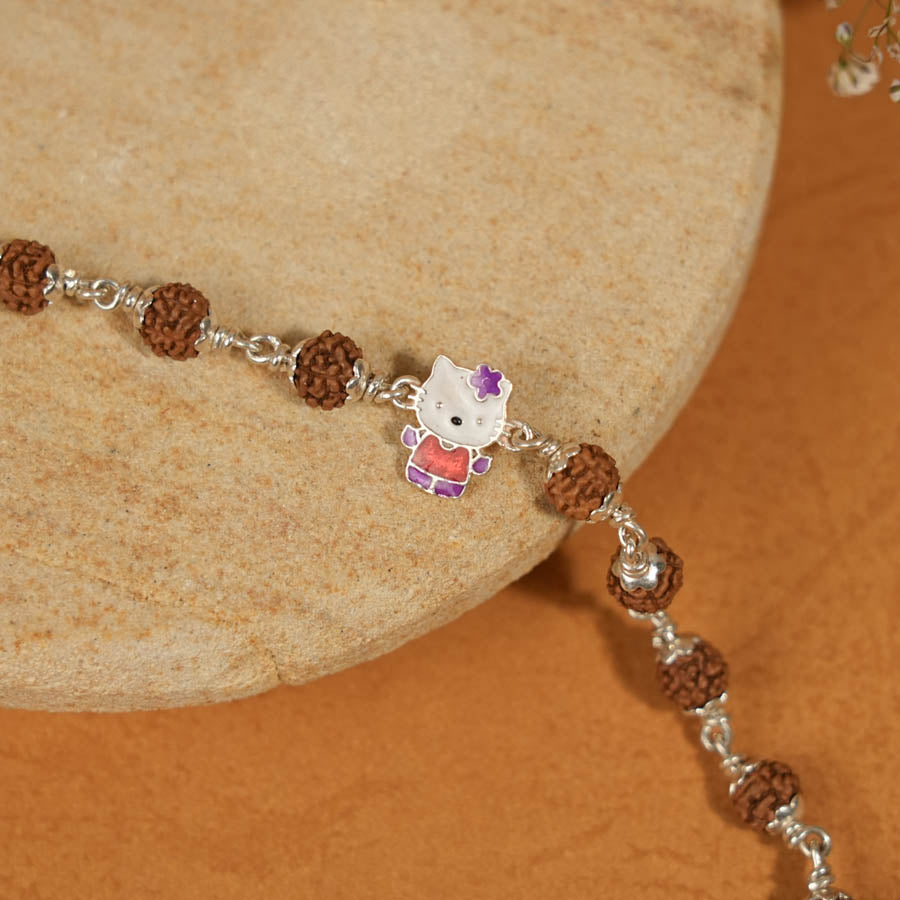 Real Rudraksha Silver Bracelet with Colorful Teddy Bear Single Line for Kids