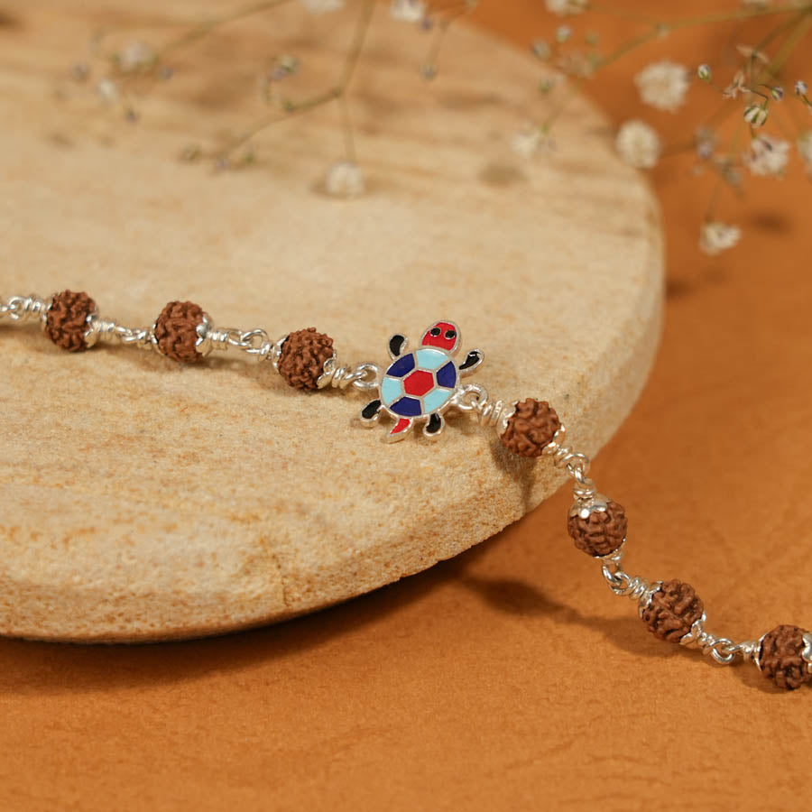 Rudraksha Silver Bracelet with Colorful Tortoise Single Line for Kids