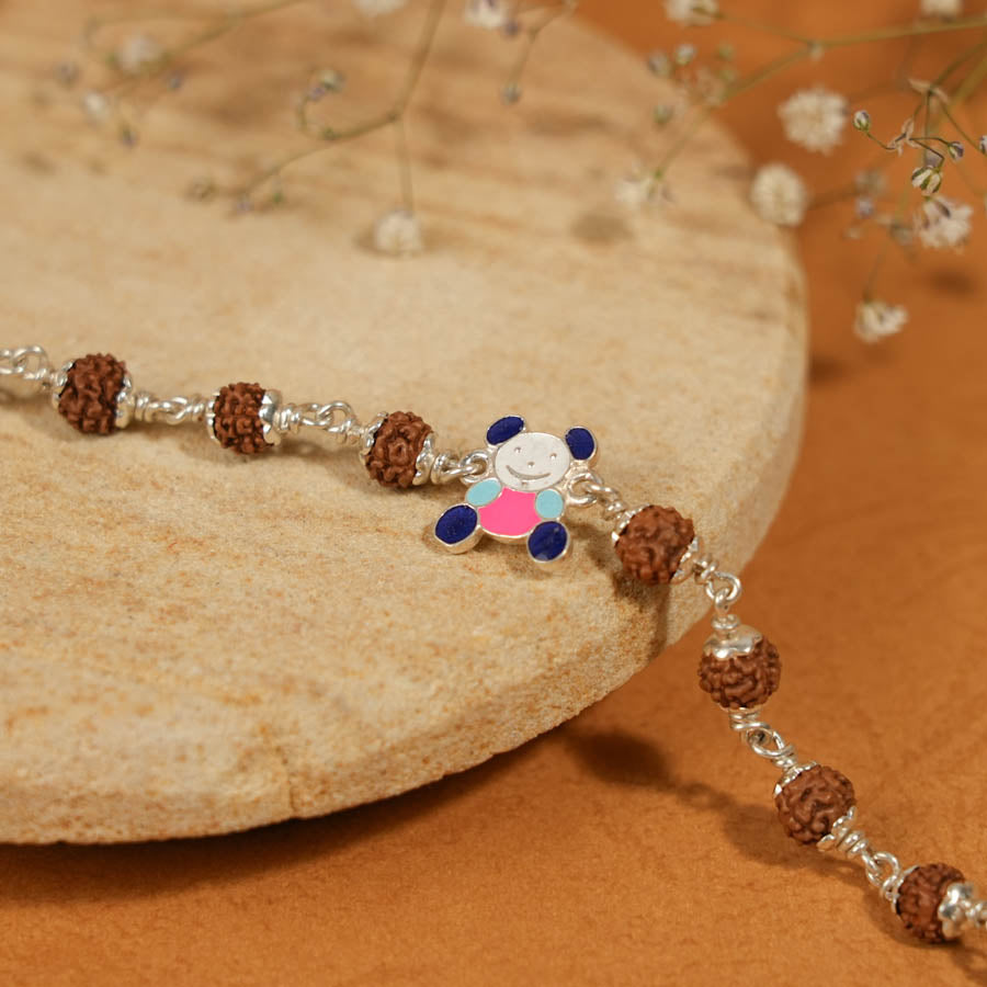 Rudraksha Silver Bracelet with Colorful Teddy Bear Single Line for Kids