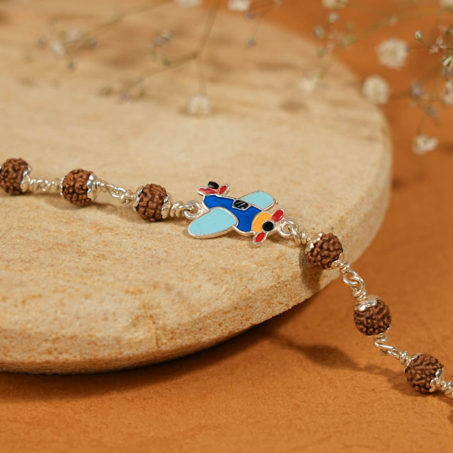 Rudraksha Silver Bracelet with Colorful Airplane Single Line for Kids