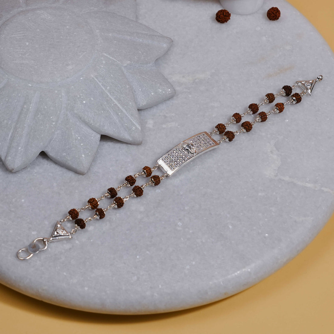 Authentic Rudraksha Silver Ganesh Rectangle Double Line Bracelet