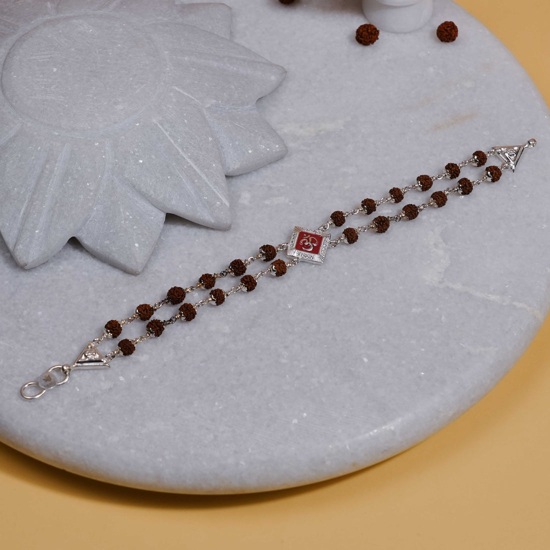 Authentic Rudraksha Silver Om Red-Col Double Line Bracelet