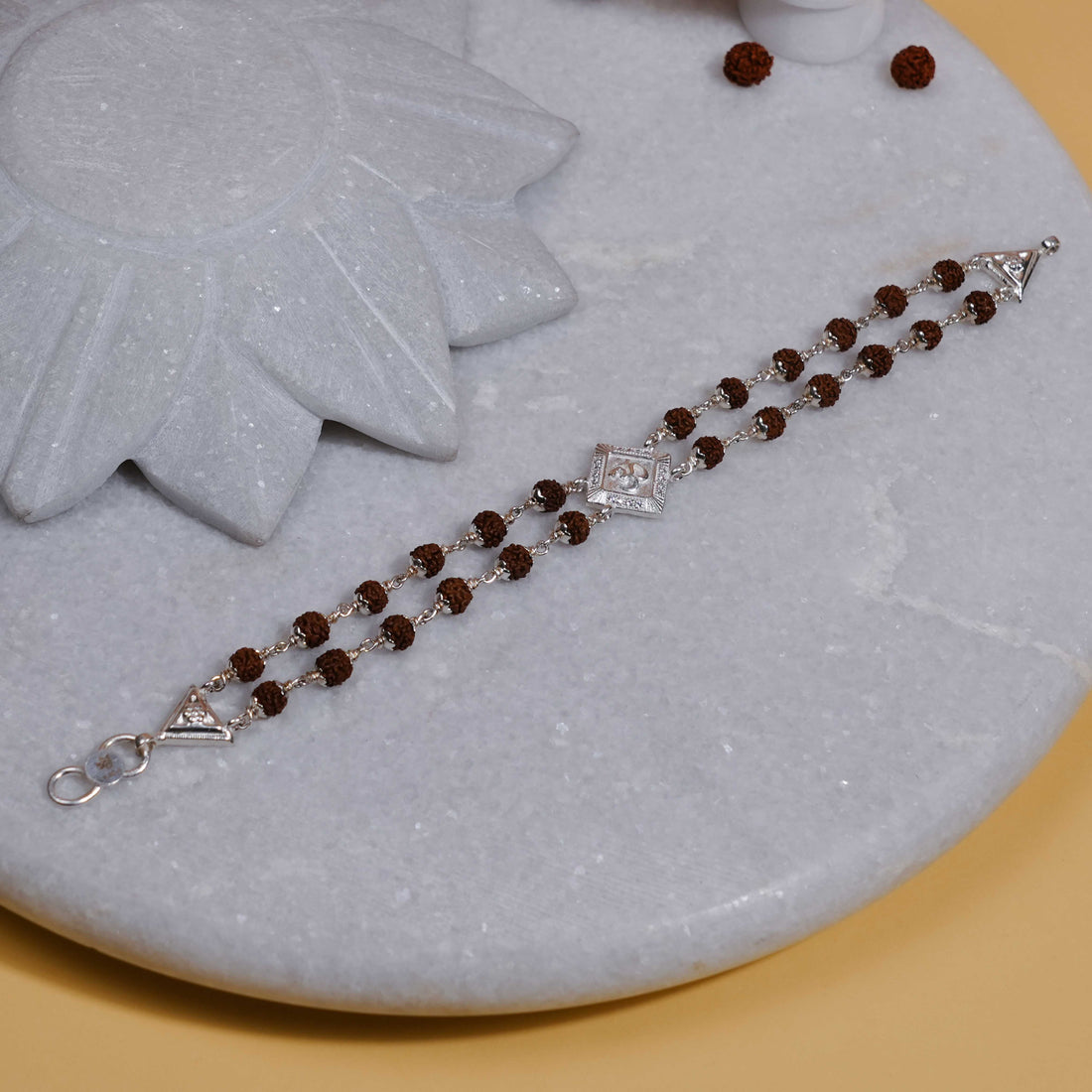 Authentic Rudraksha Silver Om Rhombus Double Line Bracelet