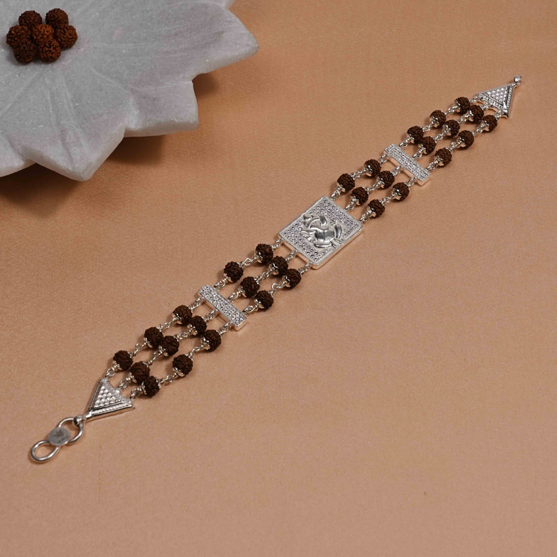 Rudraksha Silver Daimond Ganesh Tripel Line Bracelet
