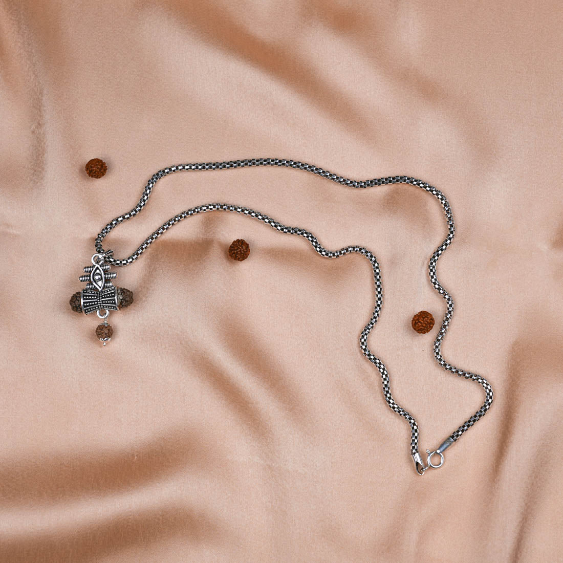 Authentic Rudraksha Damru & Lord Shiva Third Eye Pendant with Silver Chain