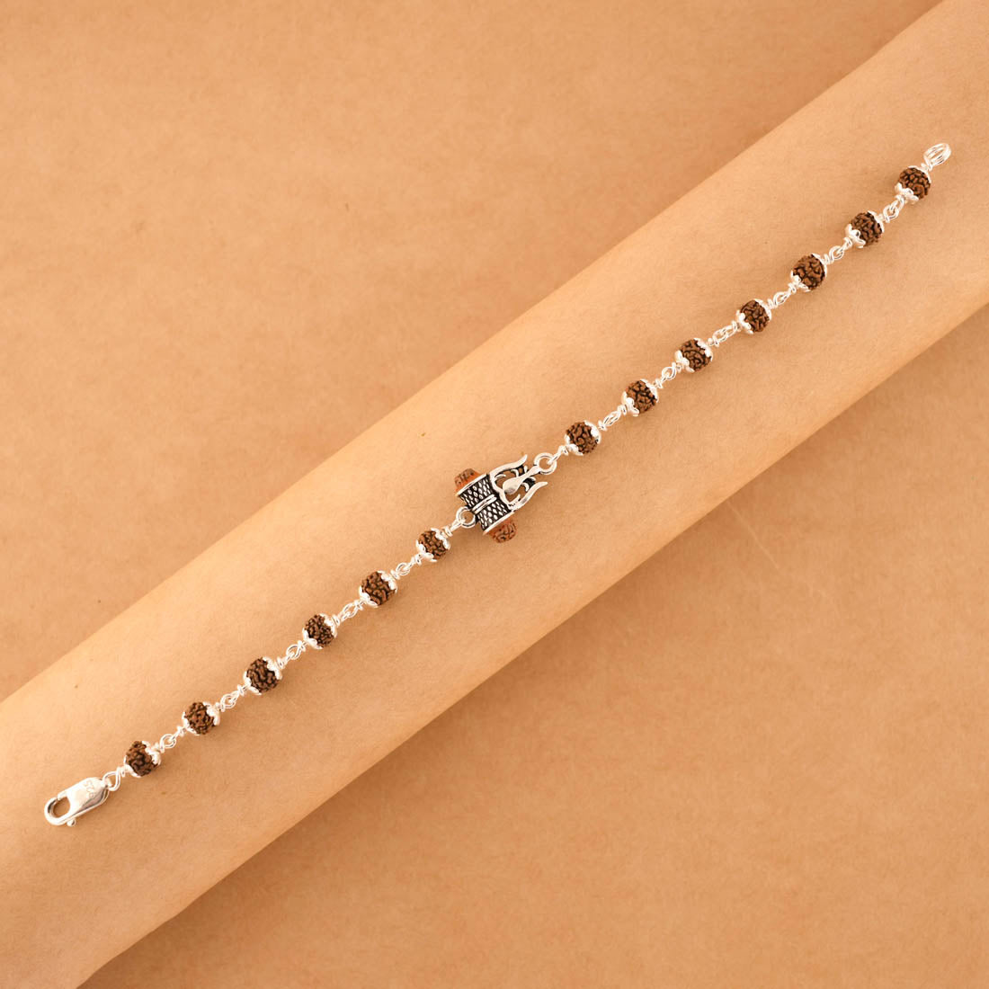 Rudraksha Silver Bracelet with Om Damru Single Line for Men