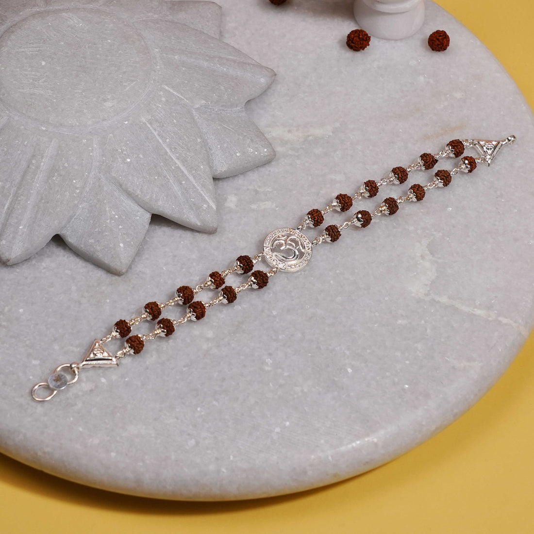 Authentic Rudraksha Silver Om Sacred Double Line Bracelet