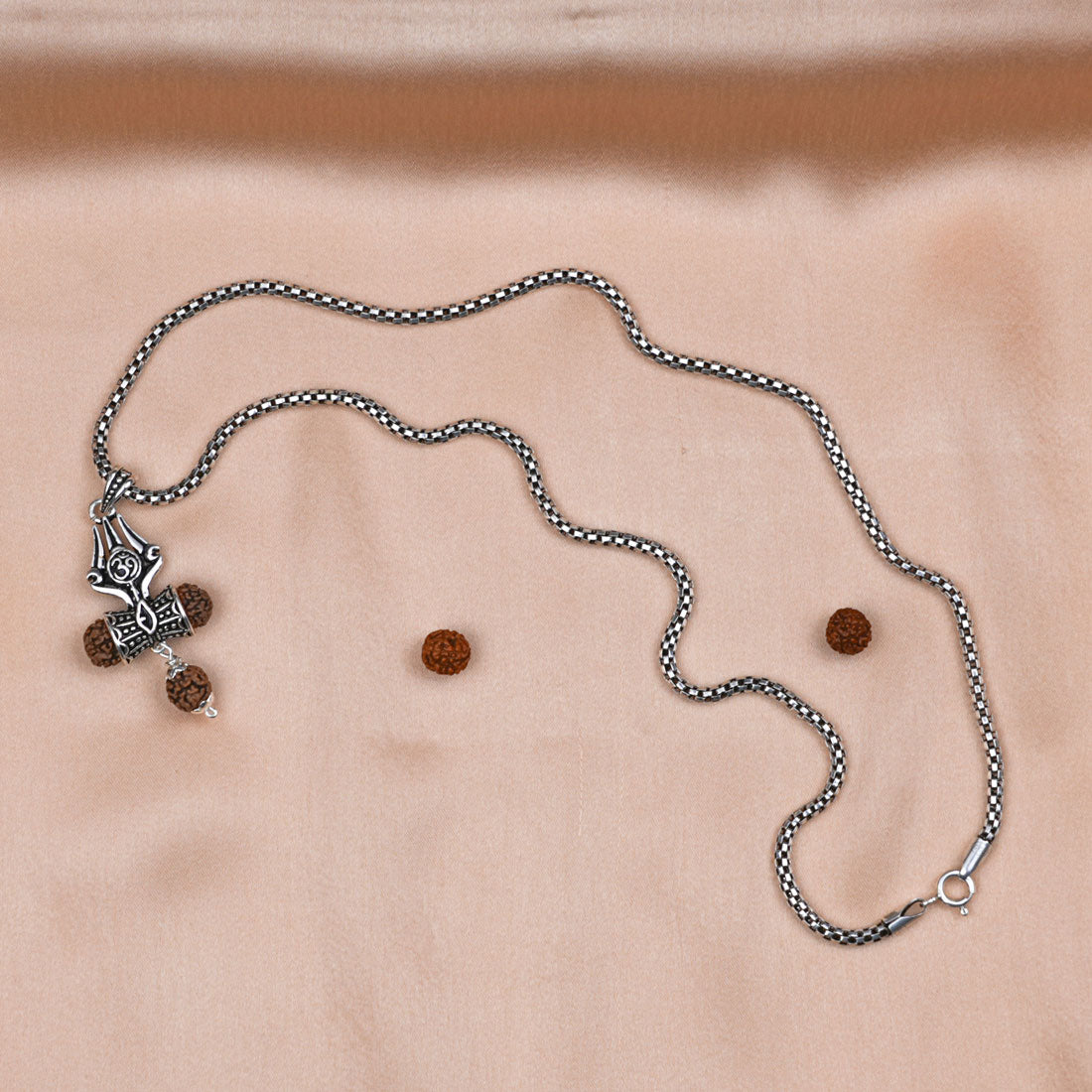 Orignal Rudraksha Trishul Om Damru Pendant With Silver Chain