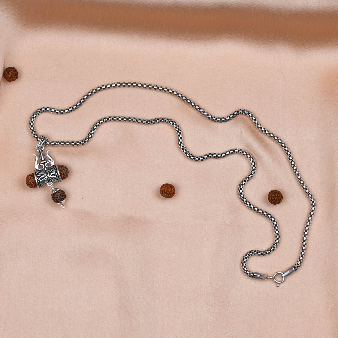 Authentic Rudraksha Trishul and Damru Pendant with Silver Chain