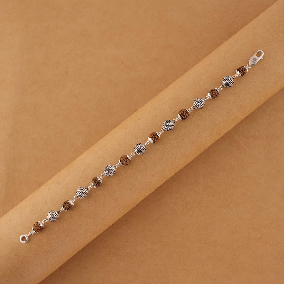 Authentic Rudraksha Silver Textured Round Beads Bracelet