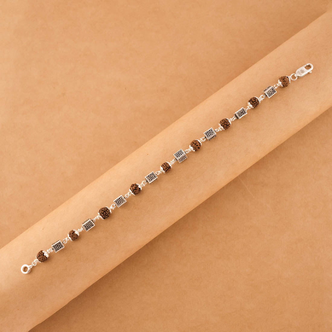 Authentic Rudraksha Silver Square Cylinder Bracelet.