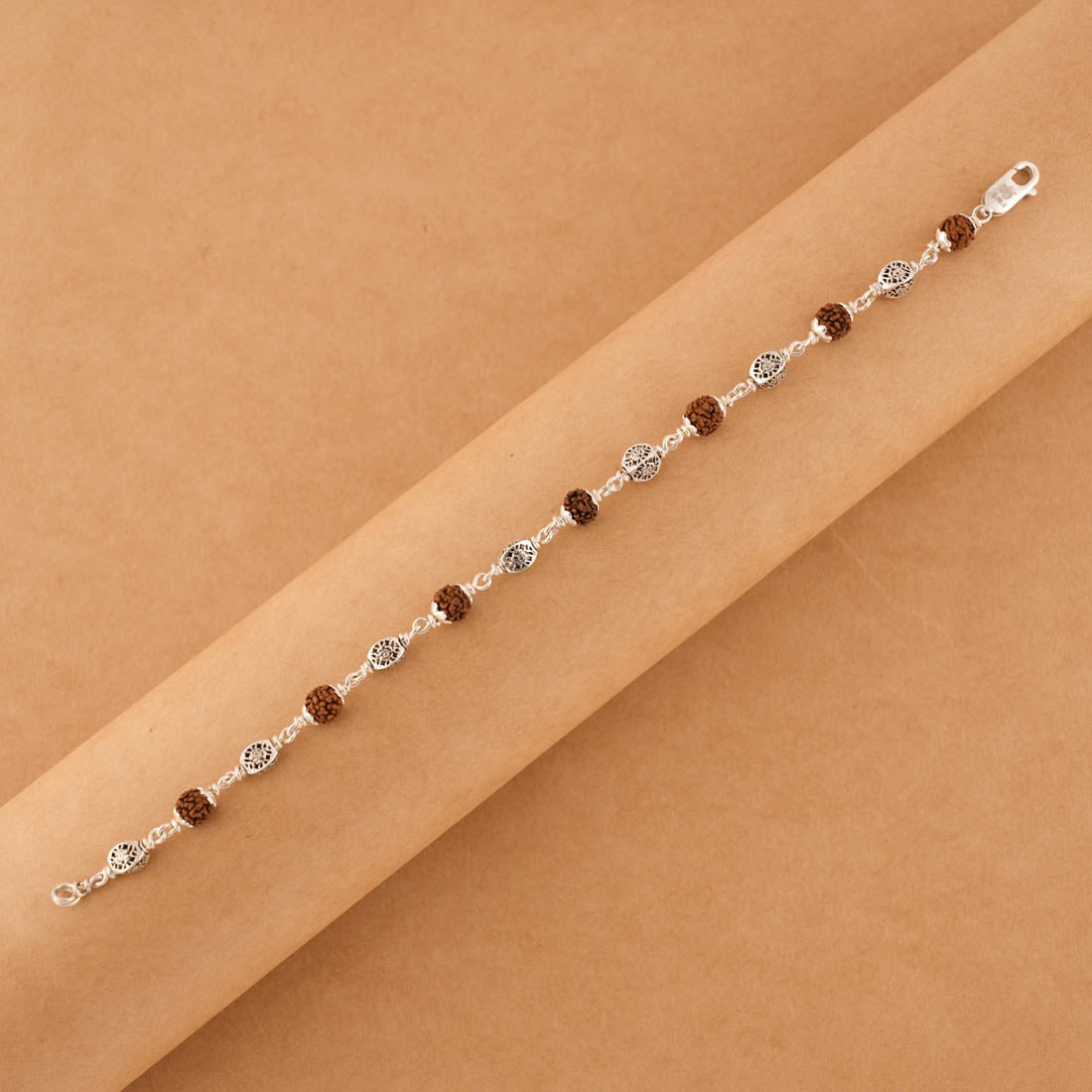 Orignal Rudraksha and Hollow Circular Silver Beads Bracelet