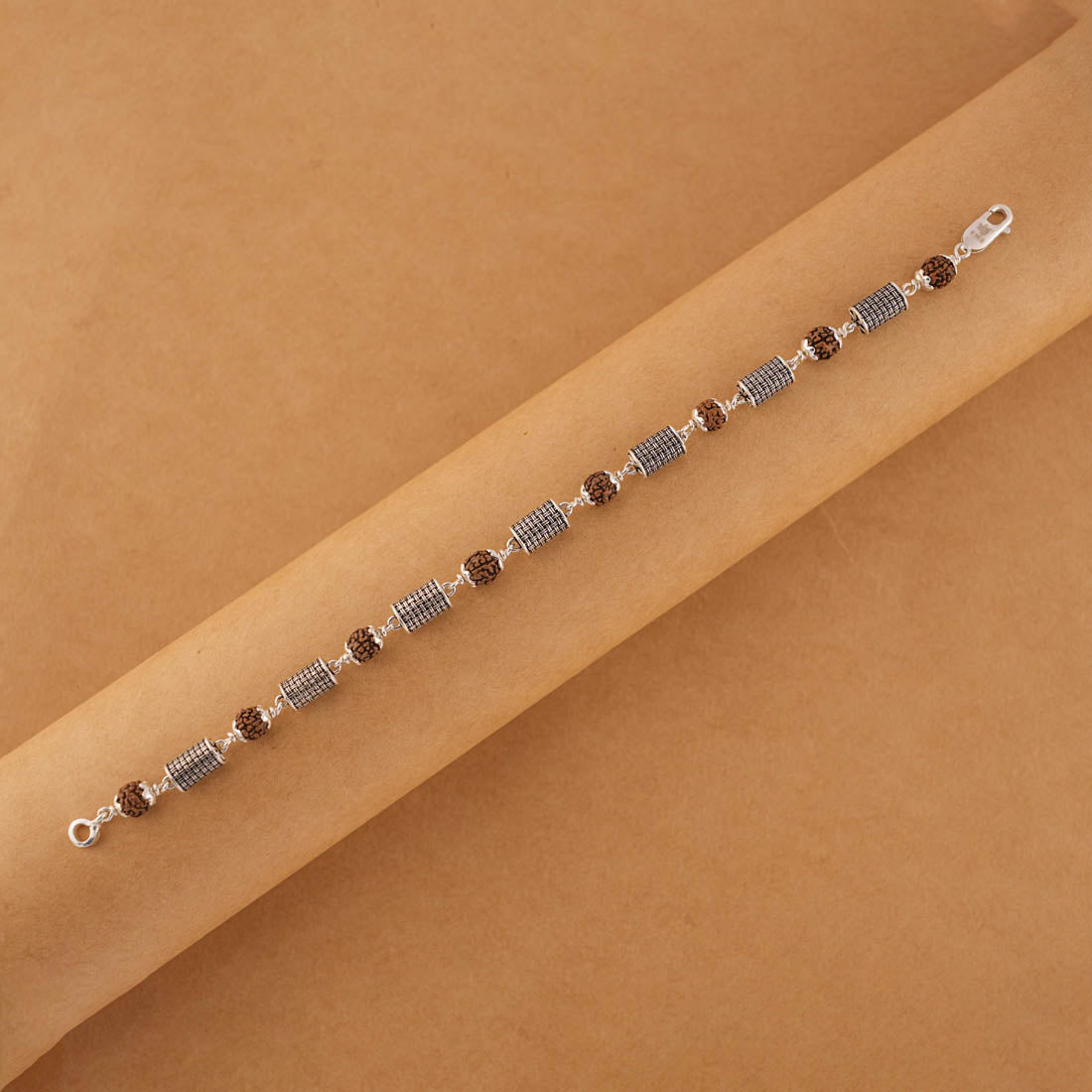Authentic Rudraksha and Hollow Cylindrical Silver Beads Bracelet