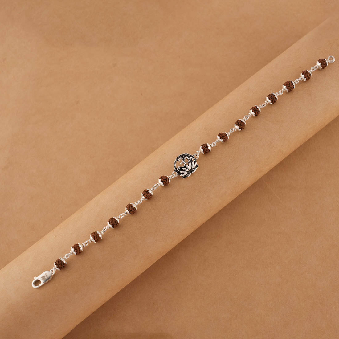Orignal Rudraksha Silver With Om Lotus Flower Bracelet