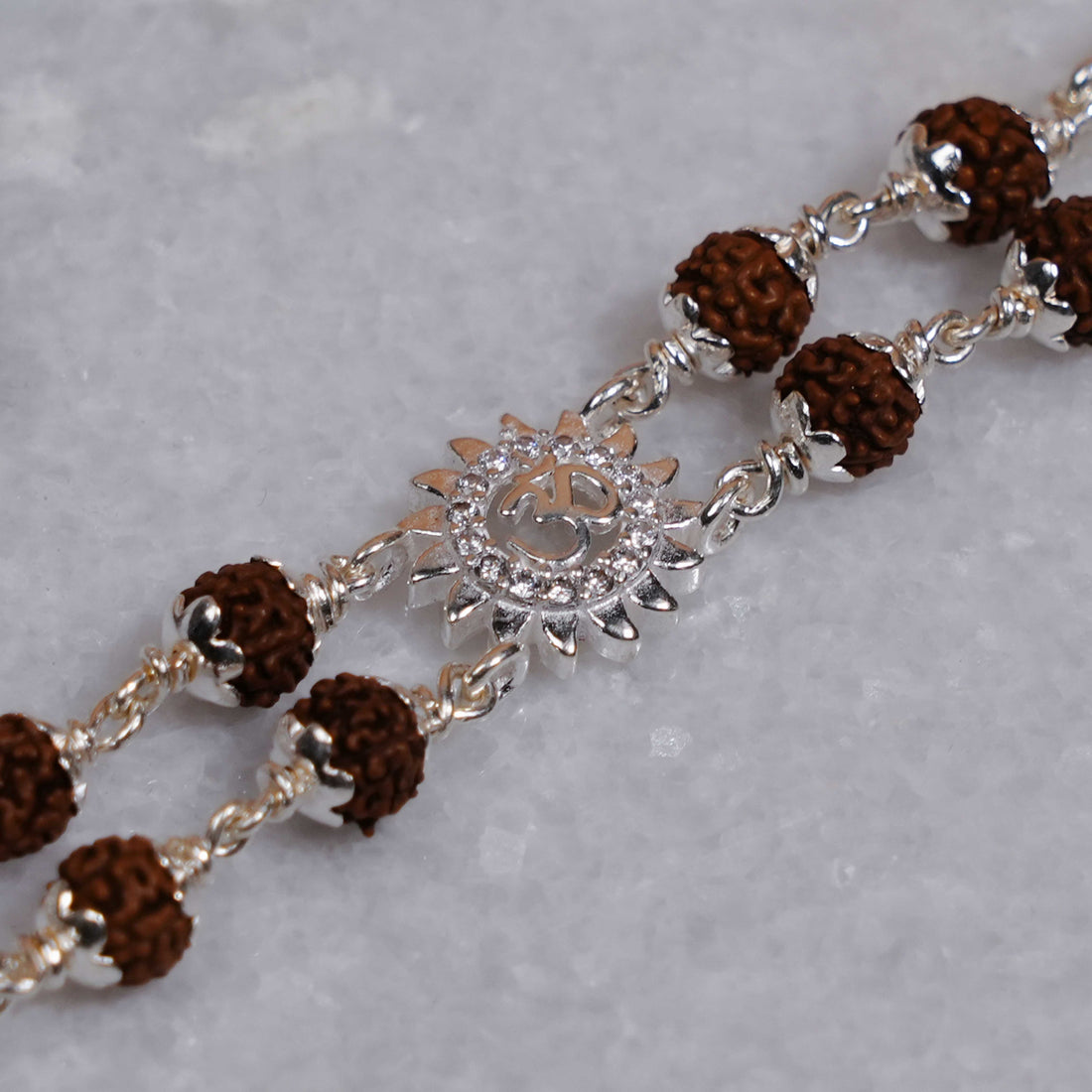 Rudraksha Silver Om Flower Brooch Double Line Bracelet