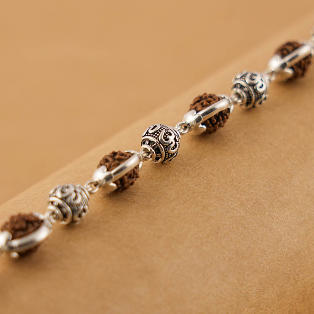 Rudraksha Silver Om Beads Capping Bracelet