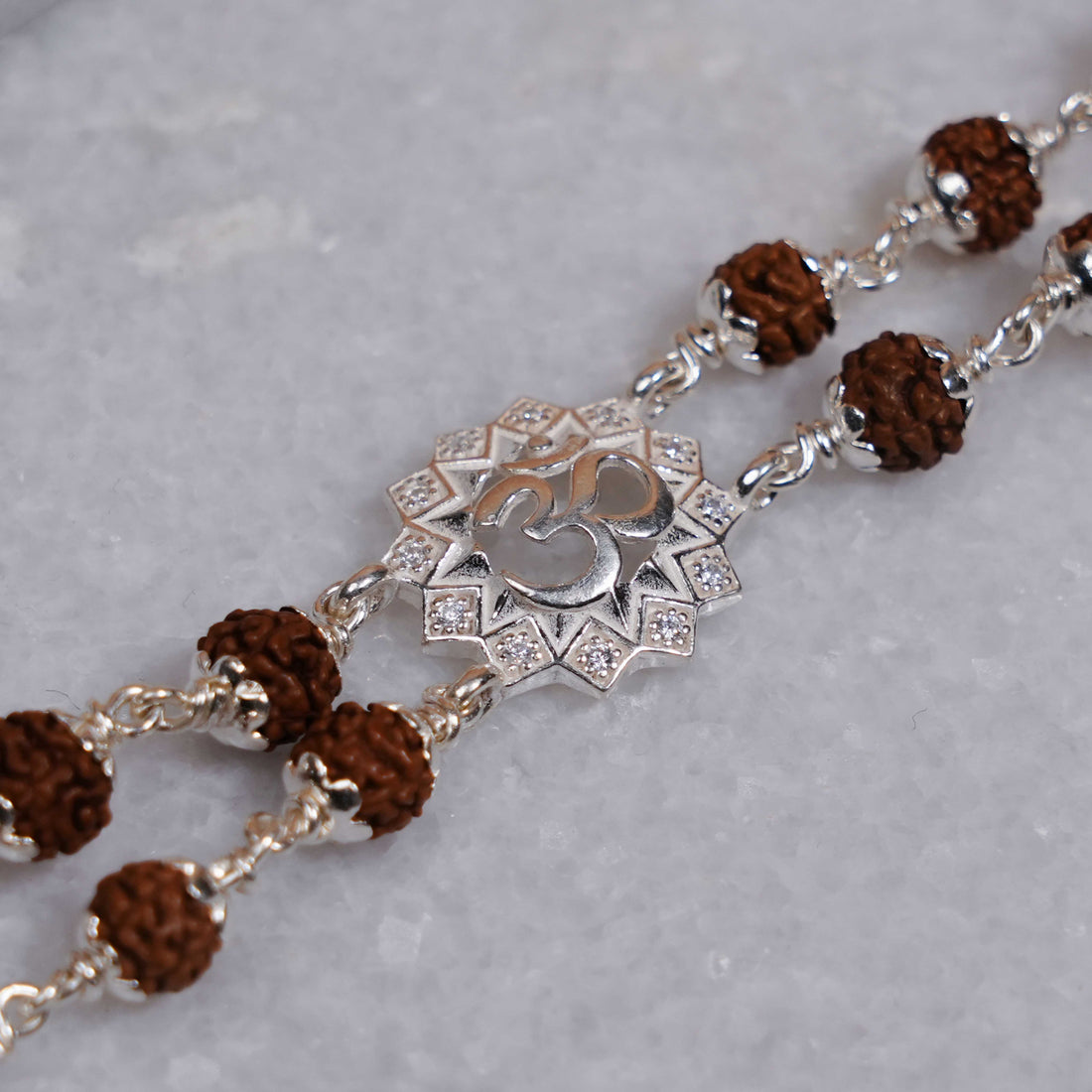Rudraksha Silver Om Flower double line Bracelet