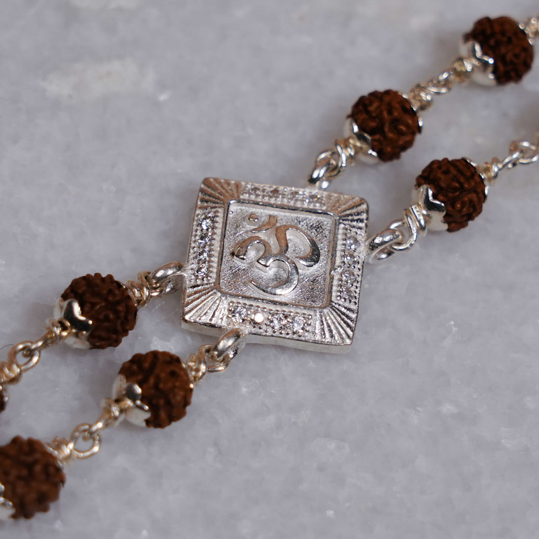 Rudraksha Silver Om Rhombus Double Line Bracelet