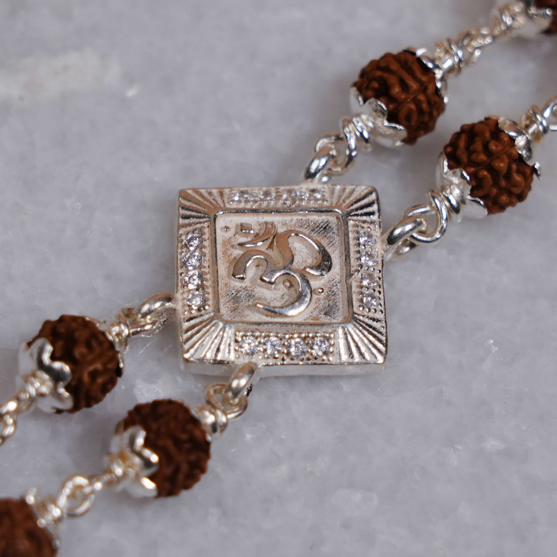 Rudraksha Silver Om Brooch double line Bracelet