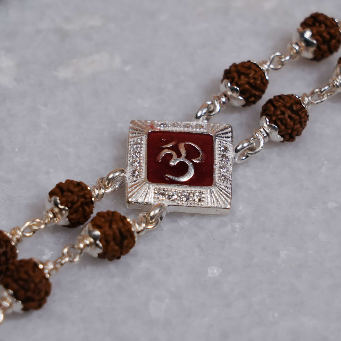Rudraksha Silver Om Three Rhombus Brooch Double Line Bracelet