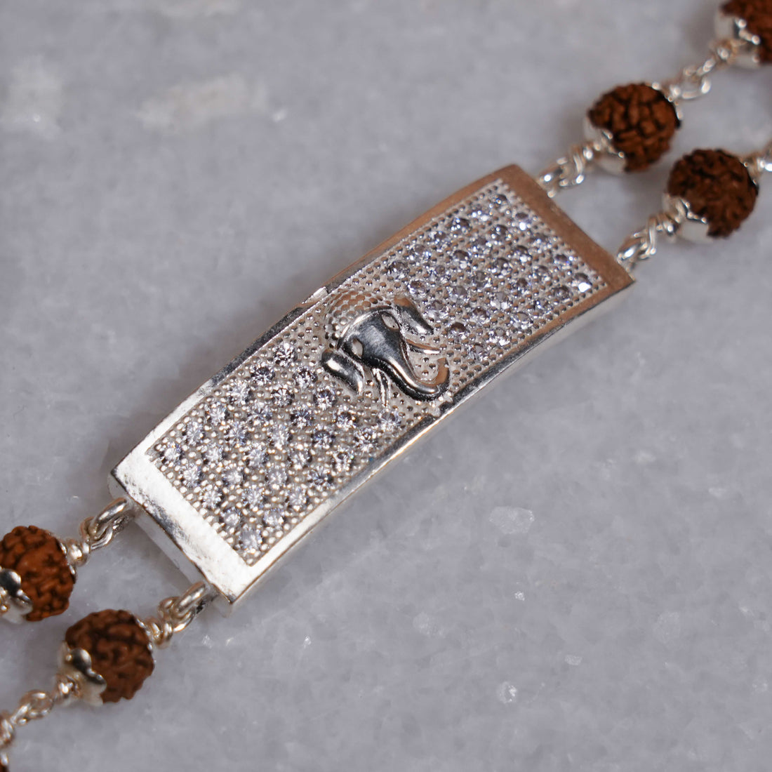 Rudraksha Silver Ganesh Rectangle Double Line Bracelet