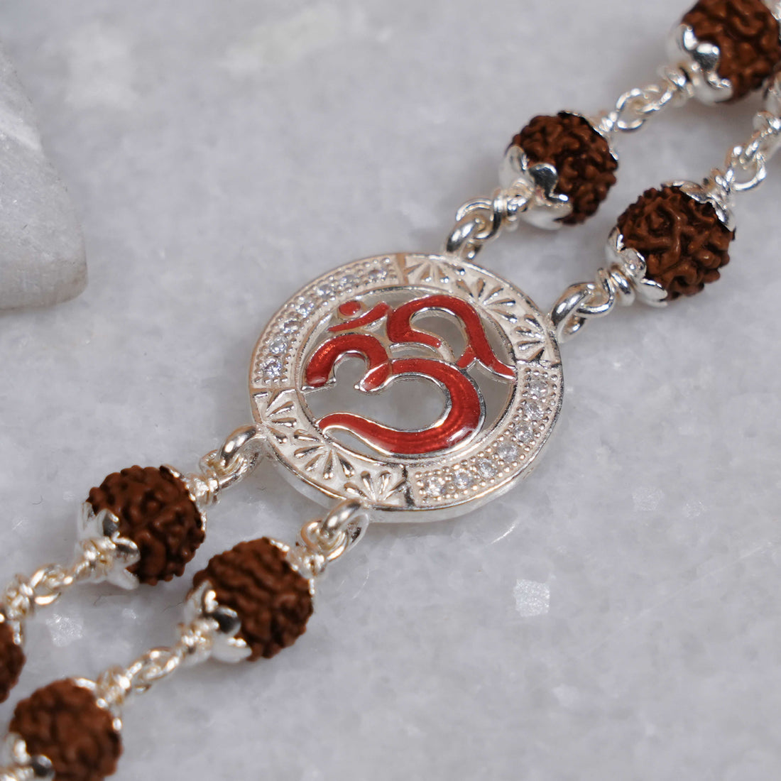 Rudraksha Silver Om in Round Shape Double Line Bracelet