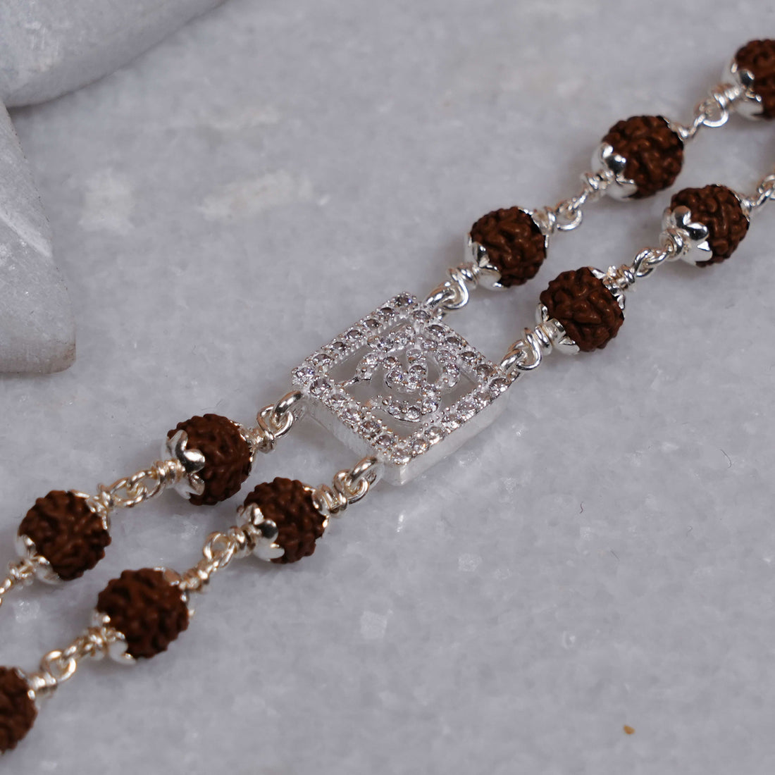 Rudraksha Silver Square Diamond Om double Line Bracelet