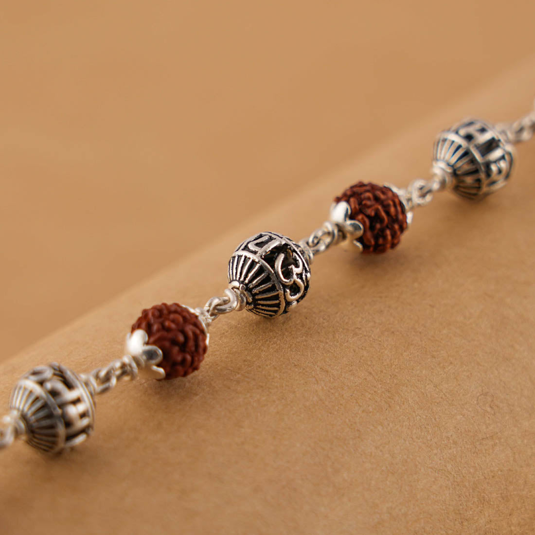 Rudraksha and Om Namah Shivay Silver Beads Bracelet
