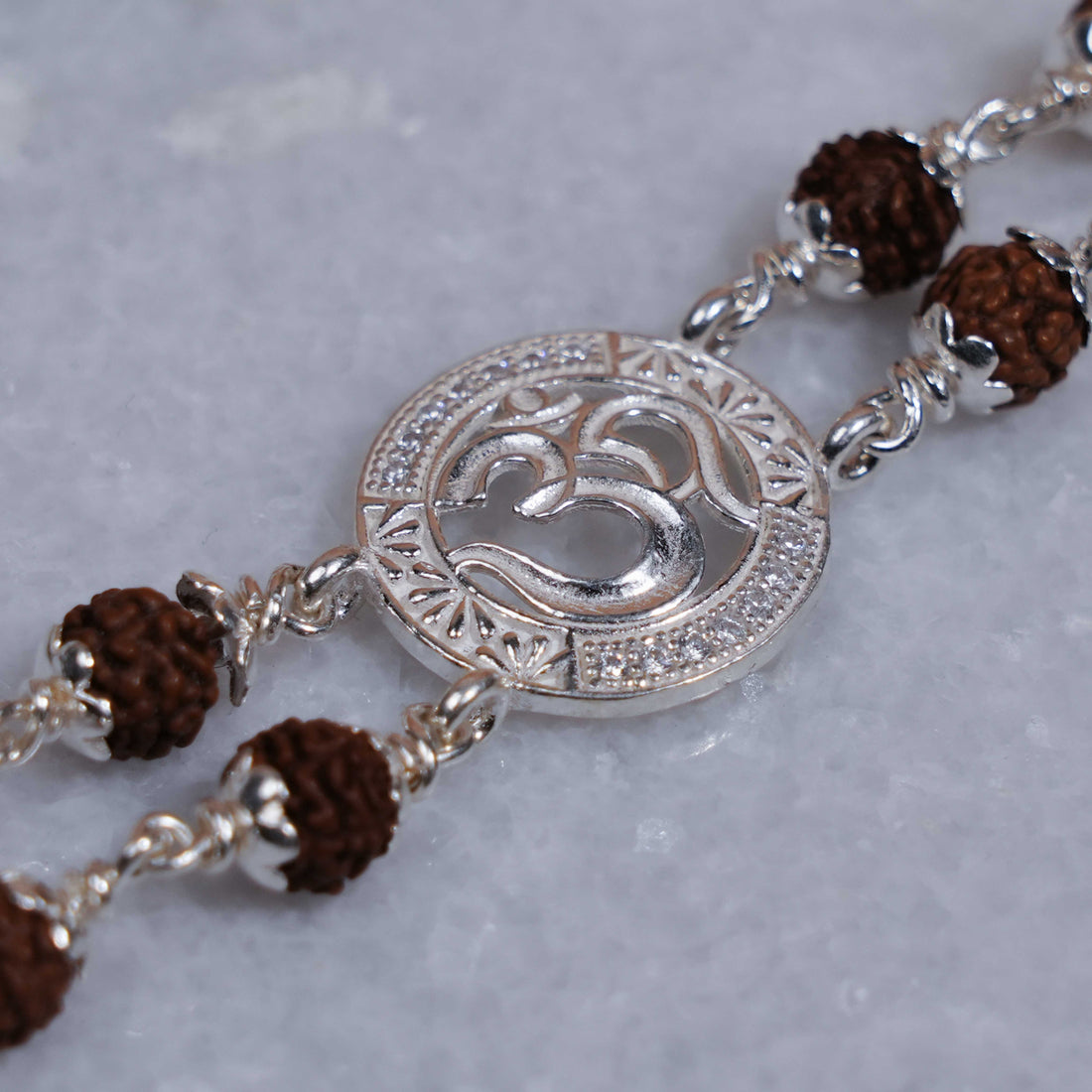 Rudraksha Silver Double Line Bracelet with Central Om