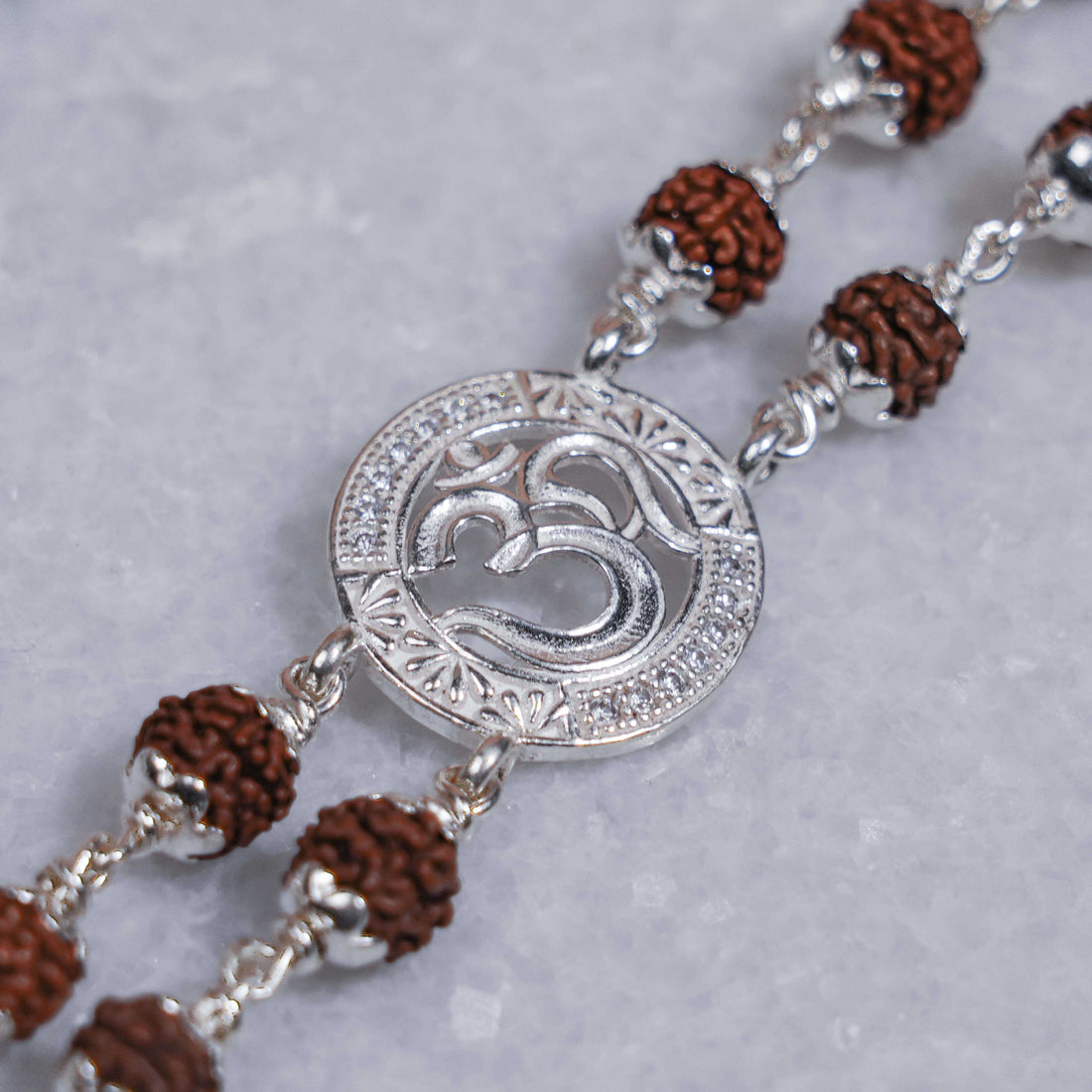 Rudraksha Silver Om Sacred Double Line Bracelet