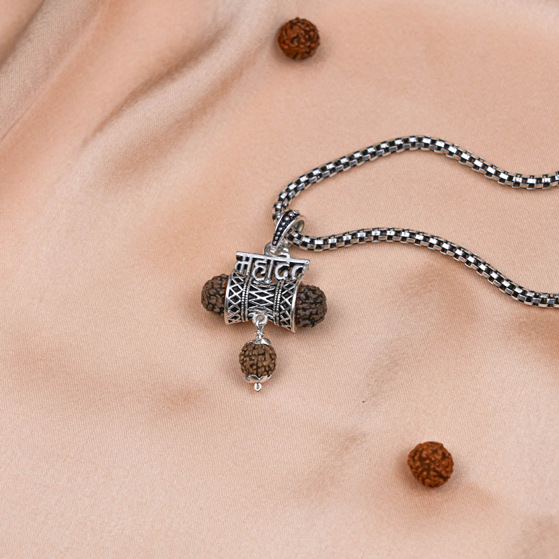Rudraksha Mahadev Damru Pendant with Silver Chain