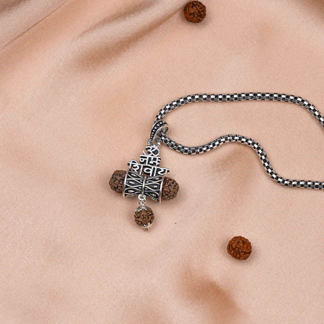 Rudraksha Om Namah Shivay Damru Pendant with Silver Chain