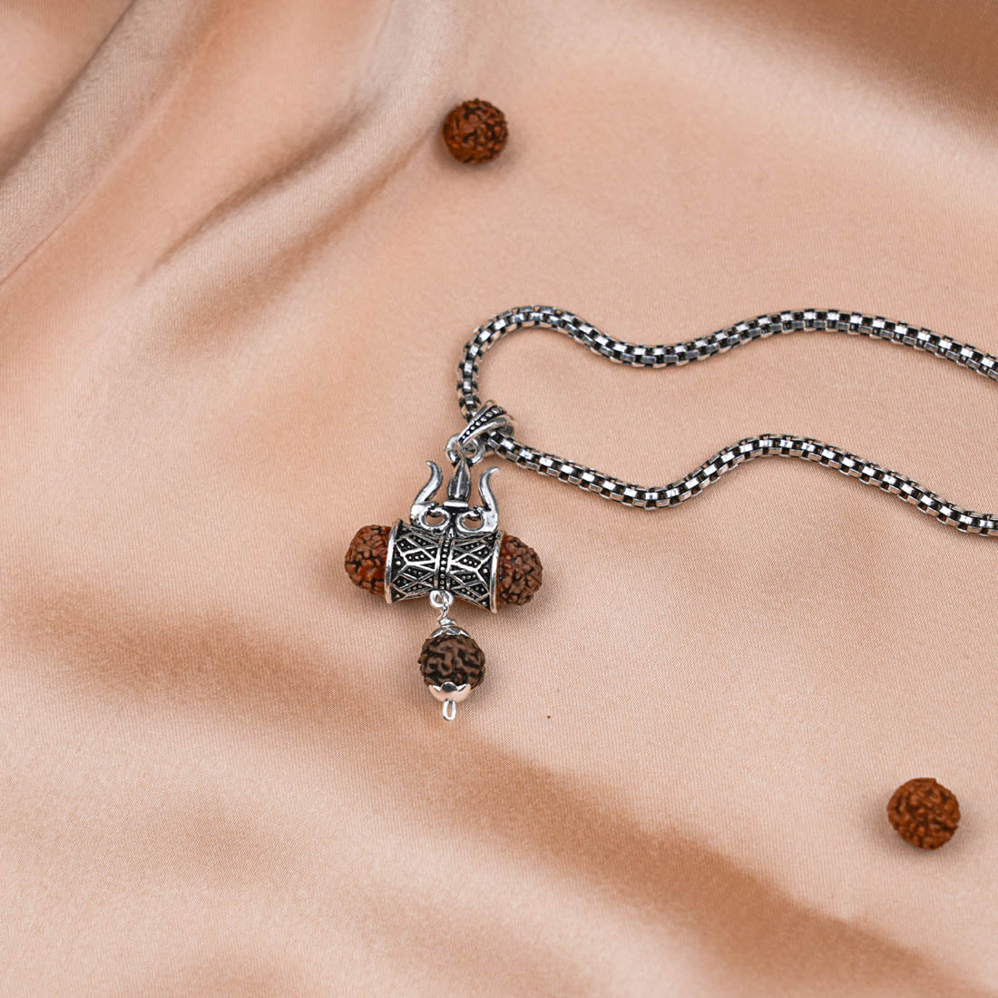 Rudraksha Trishul and Damru Pendant with Silver Chain